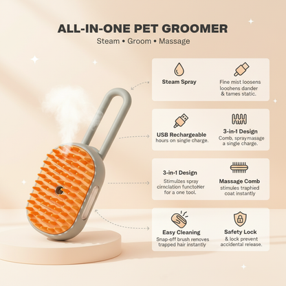 SnuggleBrush™ PetSpa – 3-in-1 Steam Grooming Brush